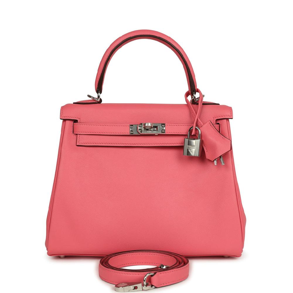 Hermes Kelly Retourne 25 Rose Azalee Swift Palladium Hardware