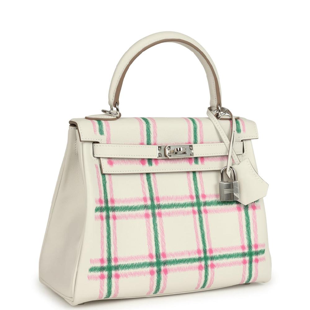 Hermes Kelly Retourne 25 "Tartan Light" Gris Pale Vert Moyen And Bubblegum Swift Palladium Hardware