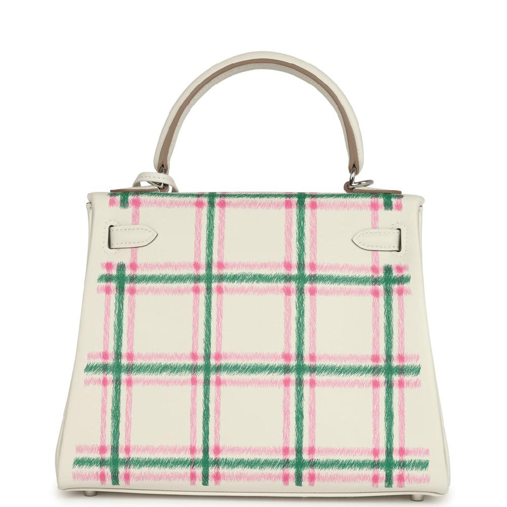 Hermes Kelly Retourne 25 "Tartan Light" Gris Pale Vert Moyen And Bubblegum Swift Palladium Hardware