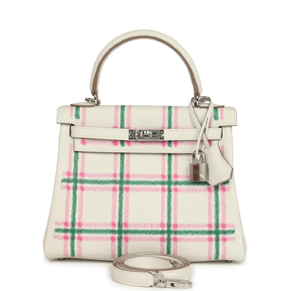 Hermes Kelly Retourne 25 "Tartan Light" Gris Pale Vert Moyen and Bubblegum Swift Palladium Hardware