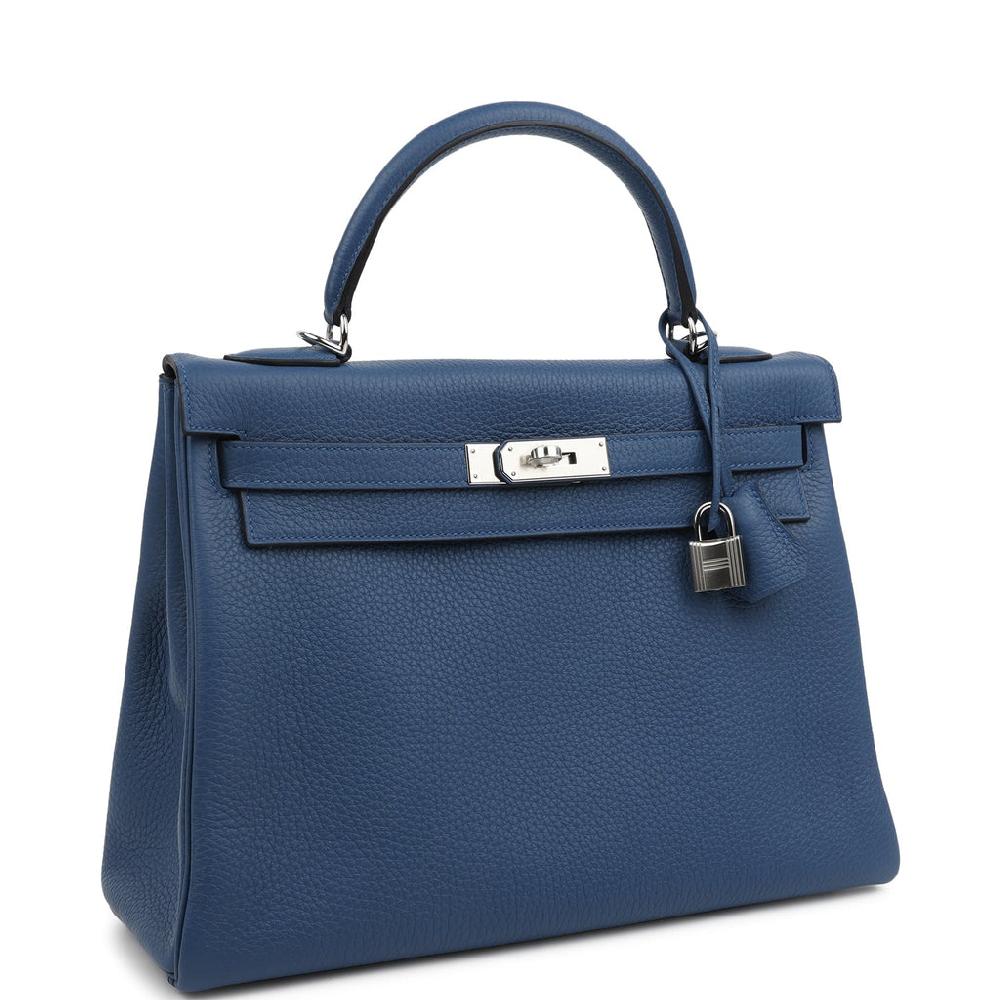 Hermes Kelly Retourne 32 Bleu Tie Clemence Palladium Hardware