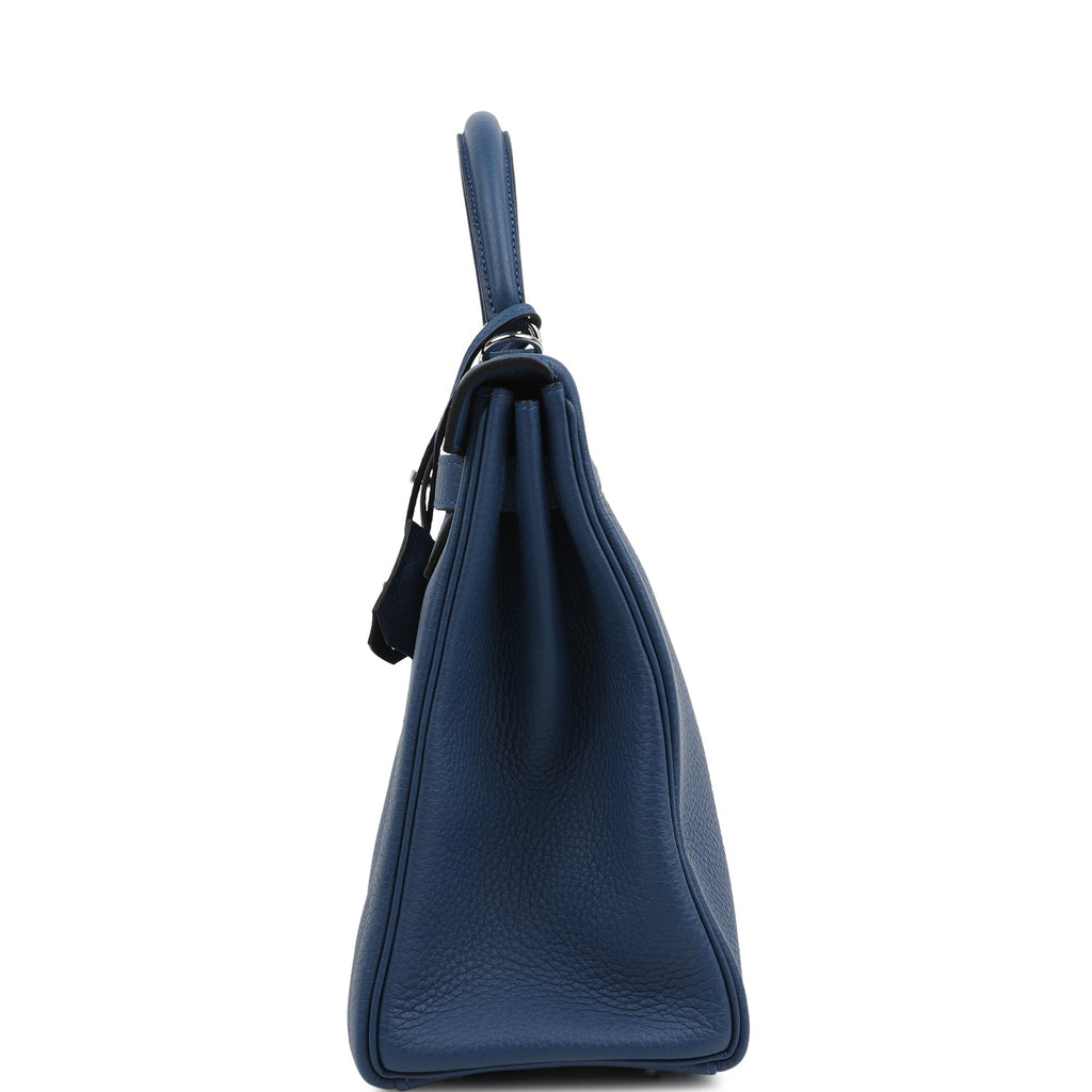 Hermes Kelly Retourne 32 Bleu Tie Clemence Palladium Hardware