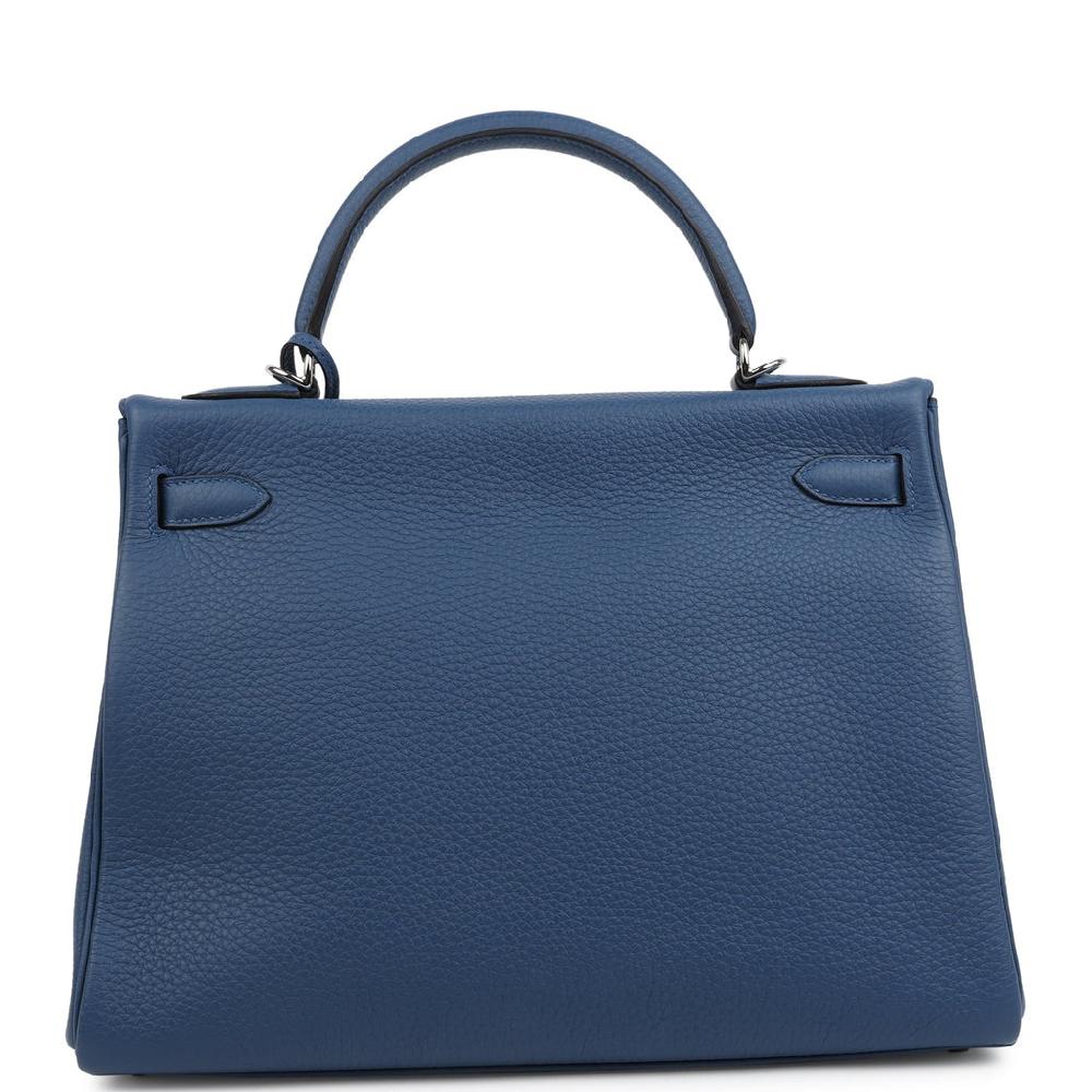 Hermes Kelly Retourne 32 Bleu Tie Clemence Palladium Hardware