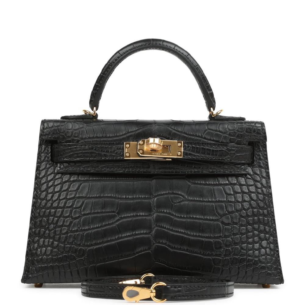 Hermes Kelly Sellier 20 Black Matte Alligator Gold Hardware