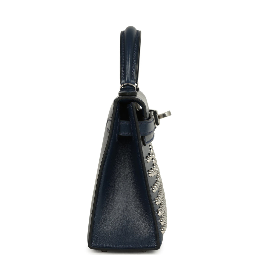 Hermes Kelly Sellier 20 Clouté Bleu Abyss Box Palladium Hardware