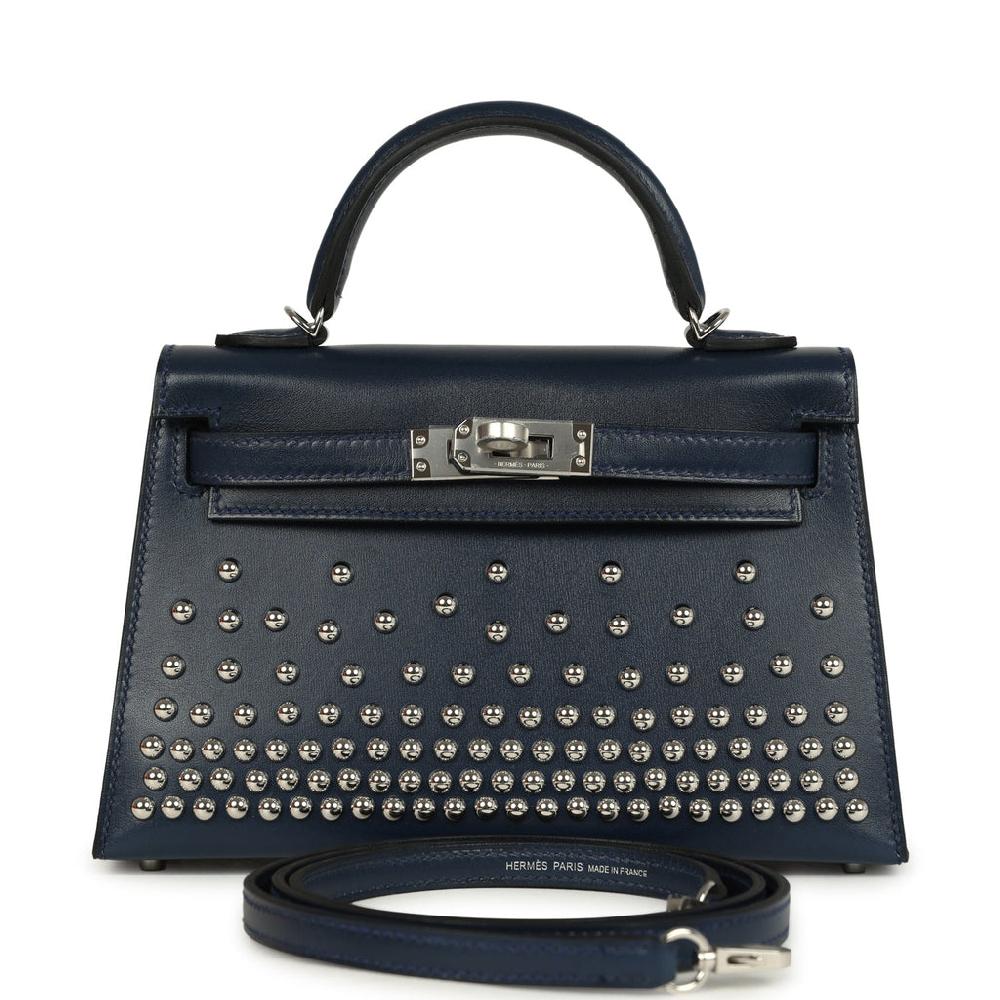 Hermes Kelly Sellier 20 Clouté Bleu Abyss Box Palladium Hardware