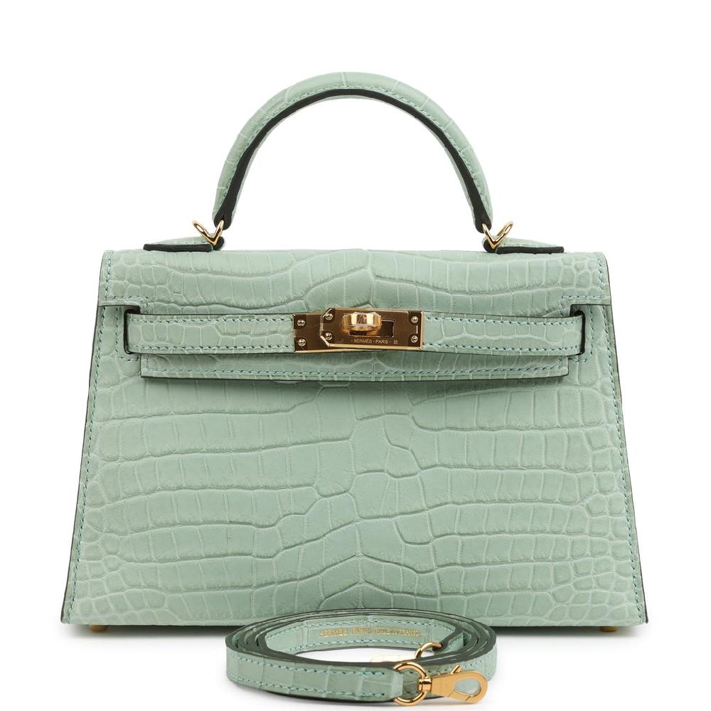 Hermes Kelly Sellier 20 Vert D'Eau Matte Porosus Crocodile Gold Hardware