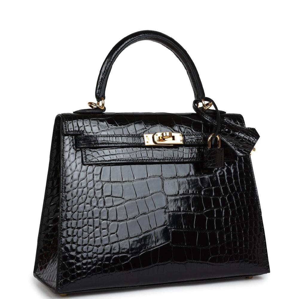 Hermes Kelly Sellier 25 Black Shiny Alligator Gold Hardware