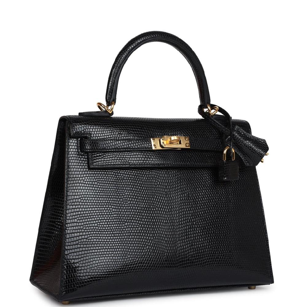 Hermes Kelly Sellier 25 Black Varanus Niloticus Lizard Gold Hardware