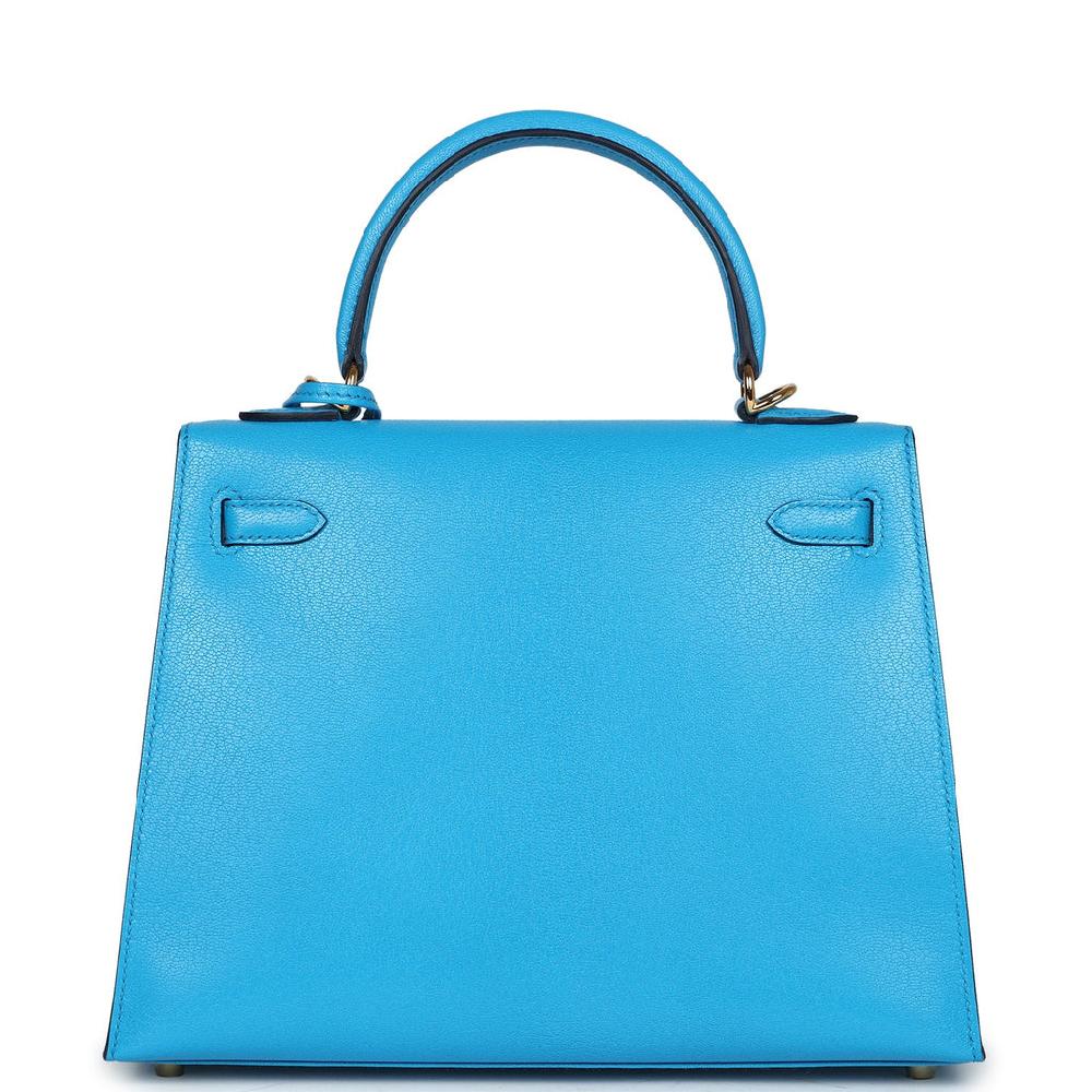 Hermes Kelly Sellier 25 Bleu Frida Chevre Gold Hardware