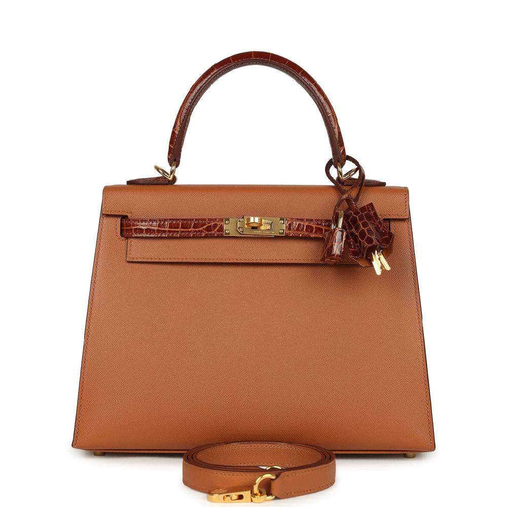 Hermes Kelly Sellier 25 Gold Madame and Miel Shiny Niloticus Crocodile Touch Gold Hardware