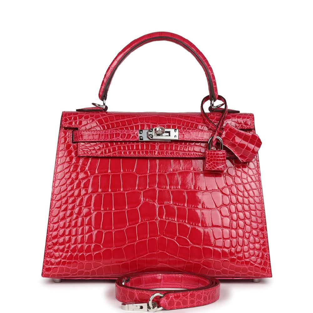 Hermes Kelly Sellier 25 Rose Extreme Shiny Alligator Palladium Hardware