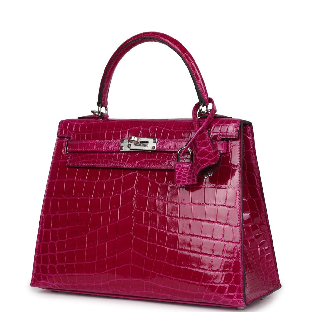 Hermes Kelly Sellier 25 Rose Pourpre Shiny Niloticus Crocodile Palladium Hardware