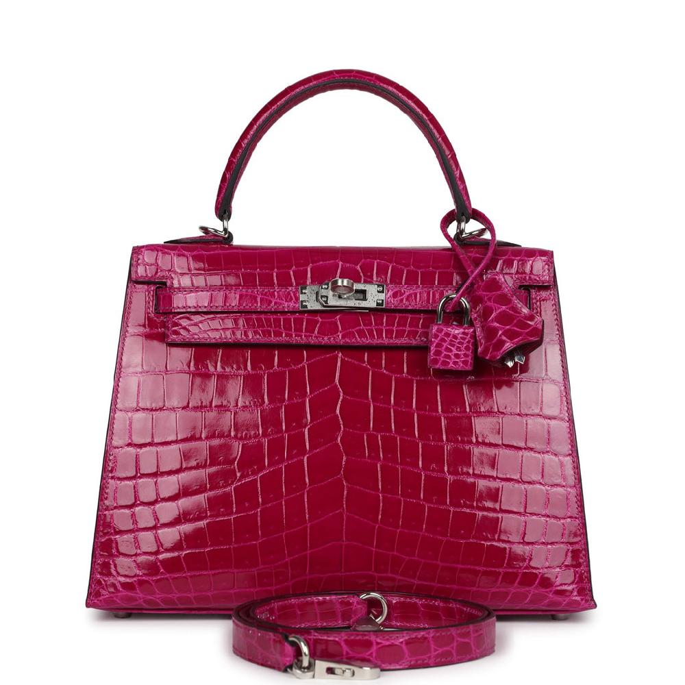 Hermes Kelly Sellier 25 Rose Pourpre Shiny Niloticus Crocodile Palladium Hardware