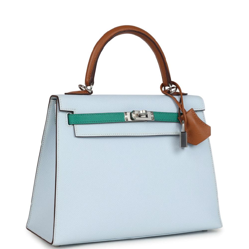 Hermes Kelly Sellier 25 Tri-Color Bleu Brume Gold And Vert Jade Epsom Epsom Palladium Hardware