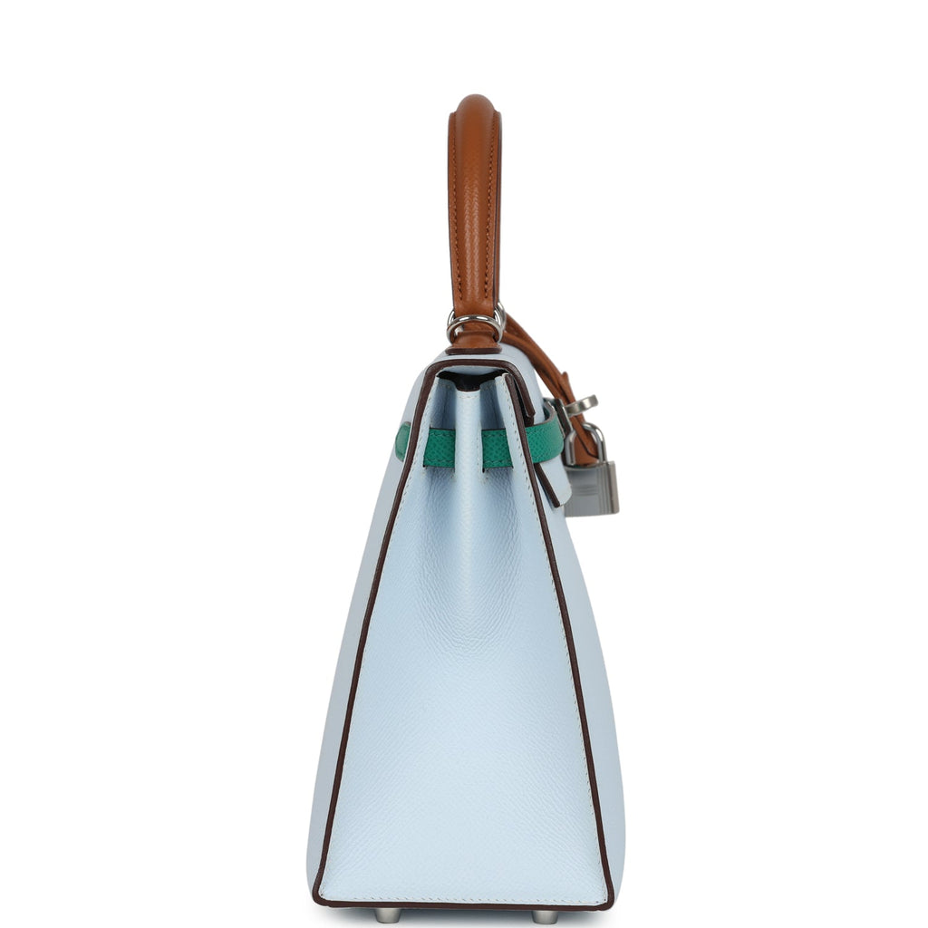 Hermes Kelly Sellier 25 Tri-Color Bleu Brume Gold And Vert Jade Epsom Epsom Palladium Hardware