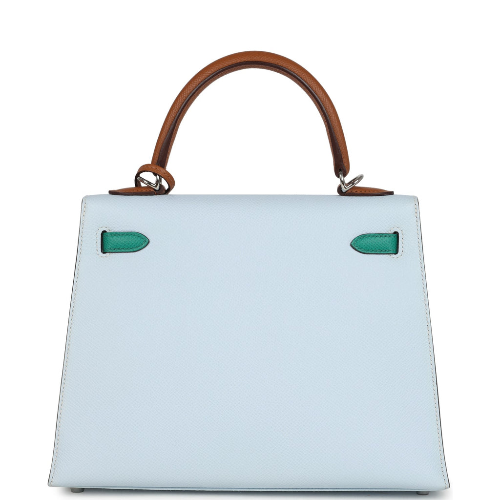 Hermes Kelly Sellier 25 Tri-Color Bleu Brume Gold And Vert Jade Epsom Epsom Palladium Hardware
