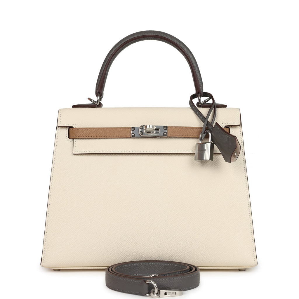 Hermes Kelly Sellier 25 Tri-Color Nata Gris Meyer and Chai Epsom Palladium Hardware