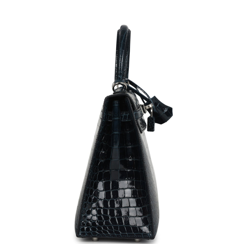 Hermes Kelly Sellier 25 Vert Rousseau Shiny Porosus Crocodile Palladium Hardware