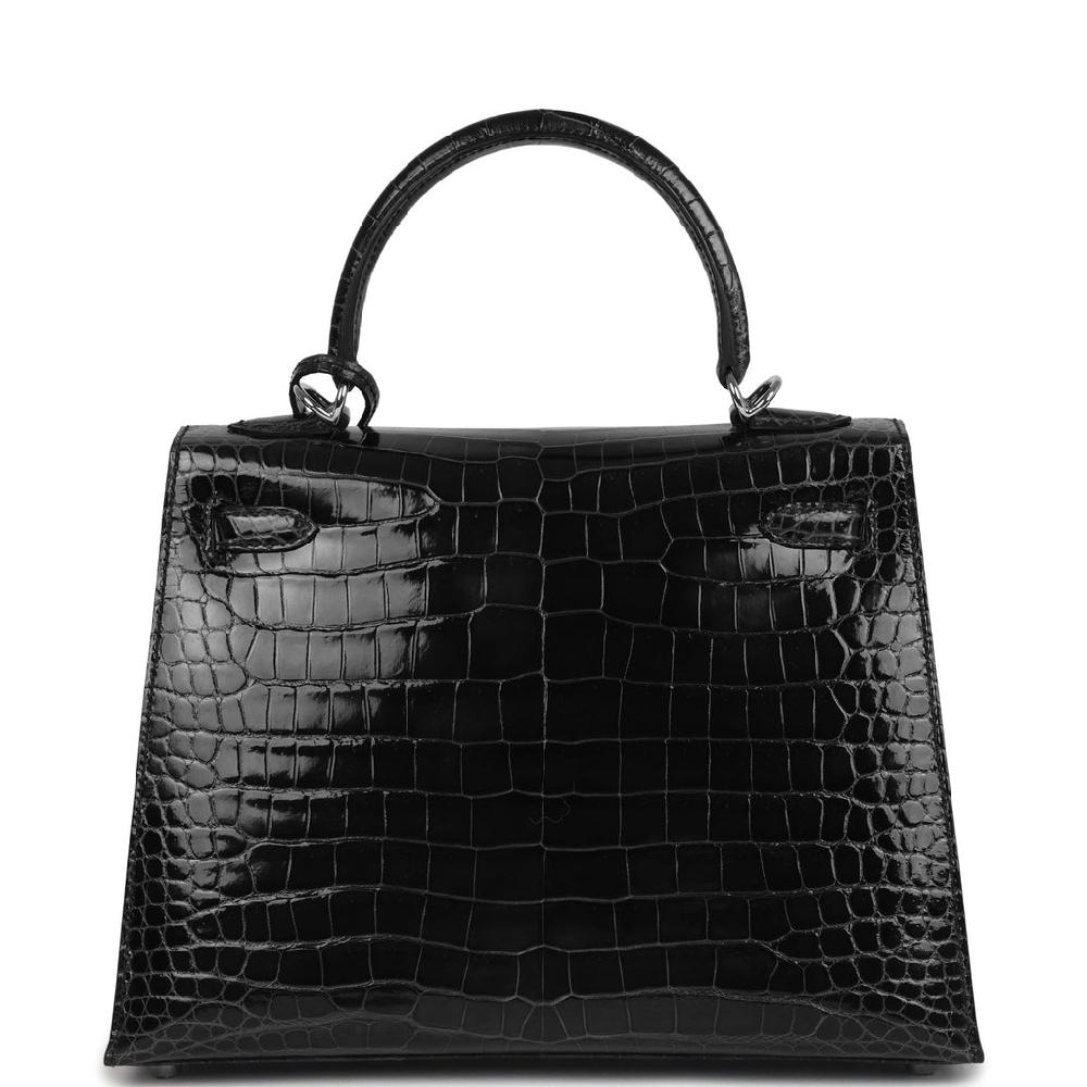 Hermes Kelly Sellier 25 Vert Rousseau Shiny Porosus Crocodile Palladium Hardware