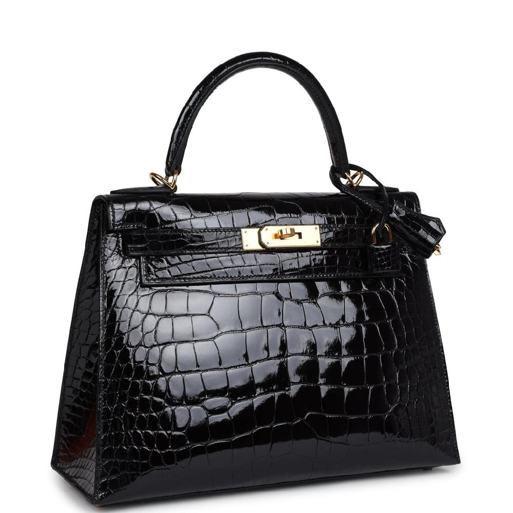 Hermes Kelly Sellier 28 Black Shiny Alligator Gold Hardware