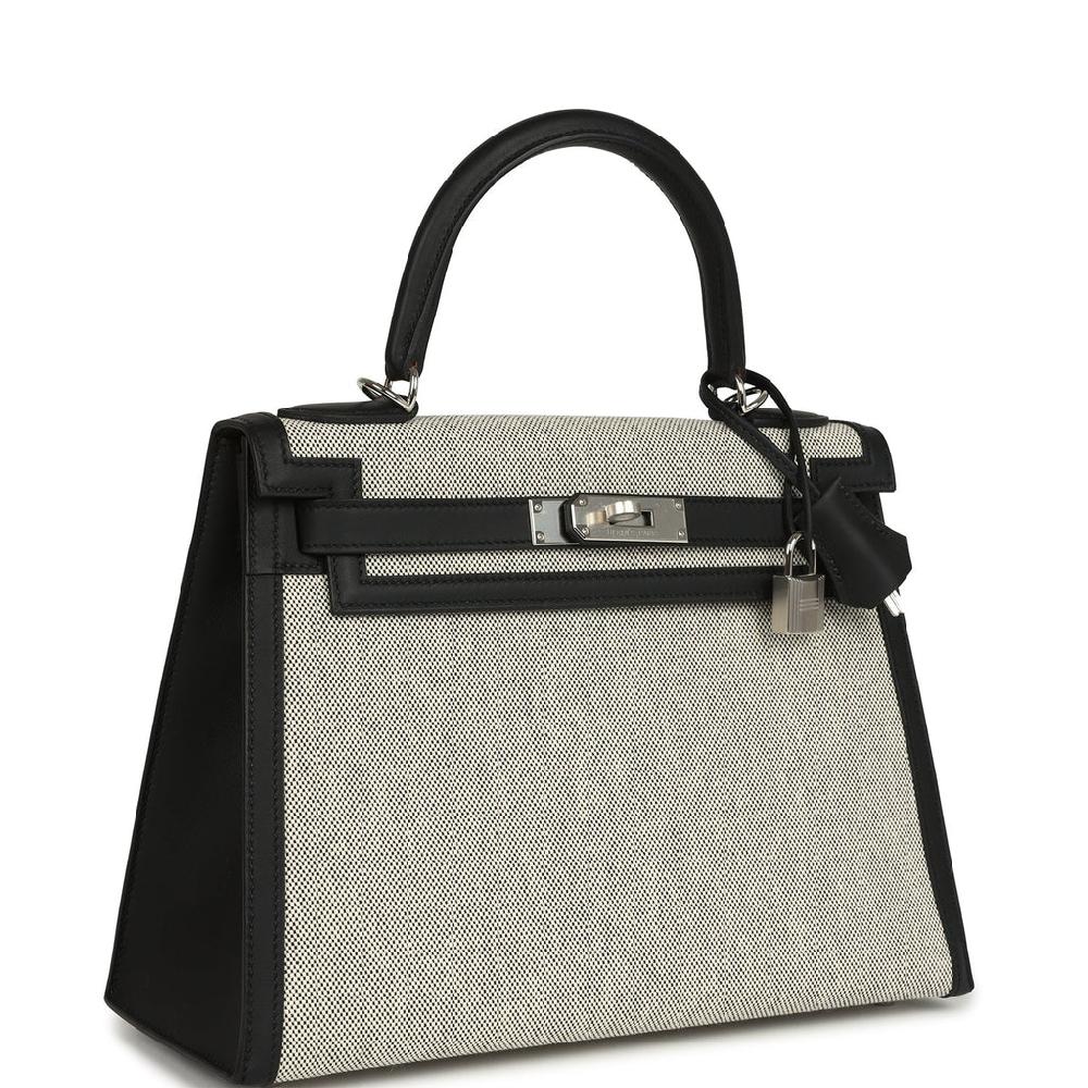 Hermes Kelly Sellier 28 Black Swift And Ecru-Black Toile H Canvas Palladium Hardware