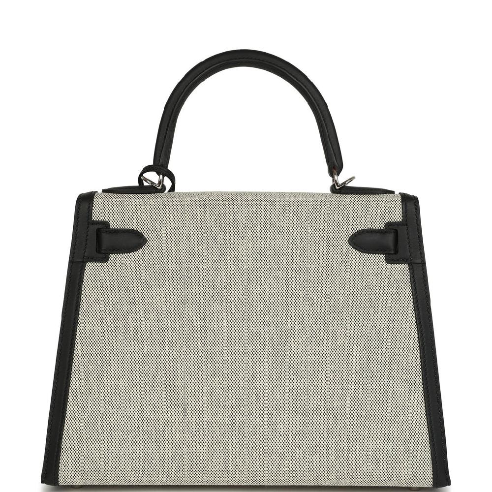 Hermes Kelly Sellier 28 Black Swift And Ecru-Black Toile H Canvas Palladium Hardware