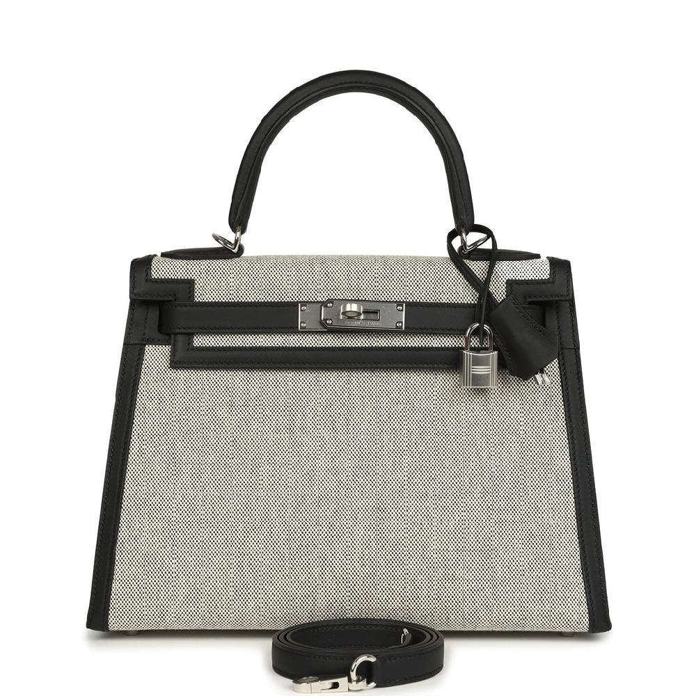 Hermes Kelly Sellier 28 Black Swift and Ecru-Black Toile H Canvas Palladium Hardware