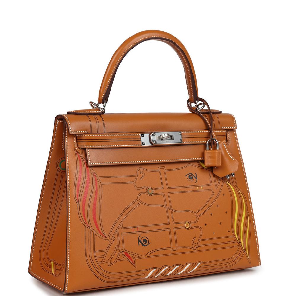 Hermes Kelly Sellier 28 "Painted Quadrige" Naturel Sable Butler Palladium Hardware