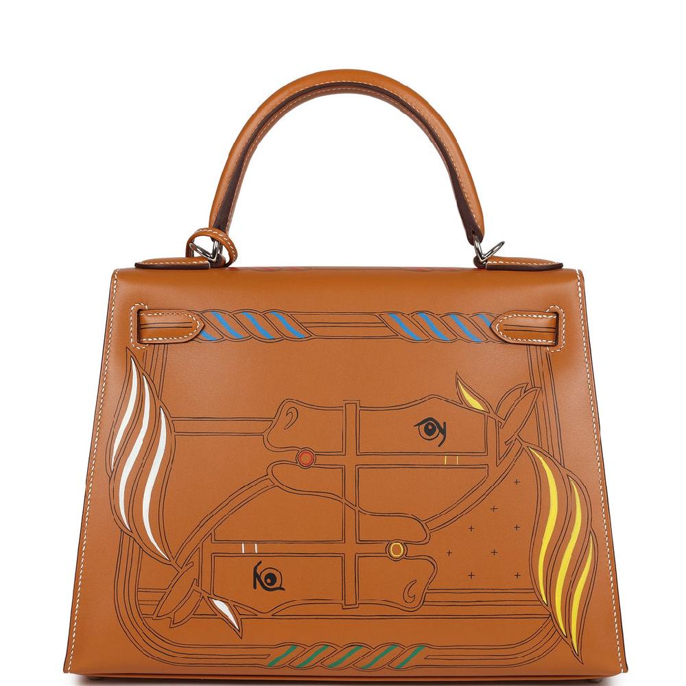 Hermes Kelly Sellier 28 "Painted Quadrige" Naturel Sable Butler Palladium Hardware