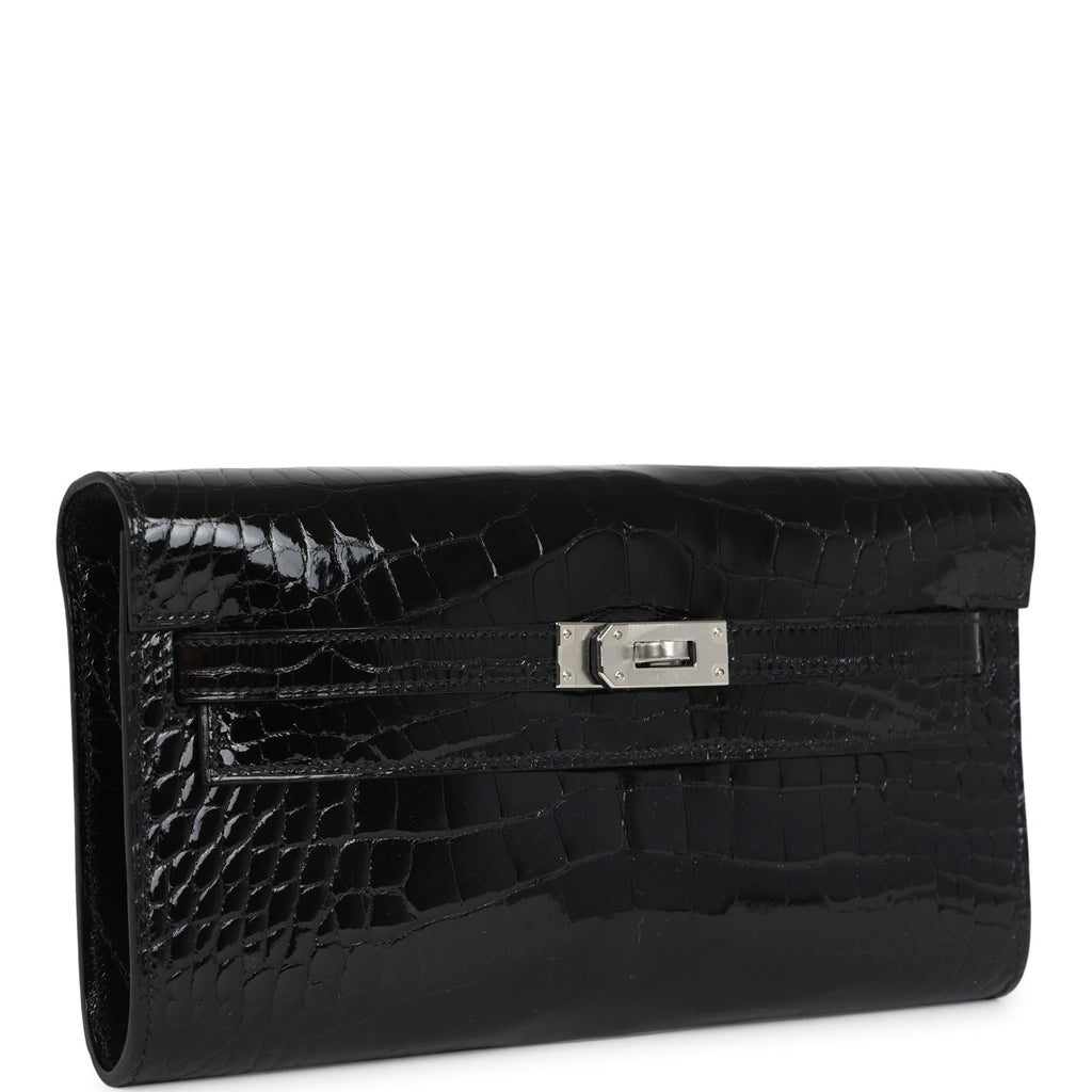 Hermes Kelly Wallet To Go Black Shiny Alligator Palladium Hardware