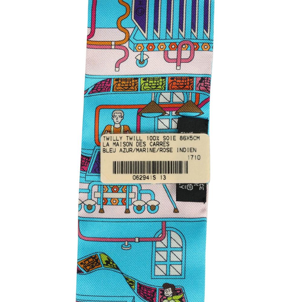 Hermes "La Maison Des Carres" Bleu Azur Marine And Rose Indien Multi Silk Twilly
