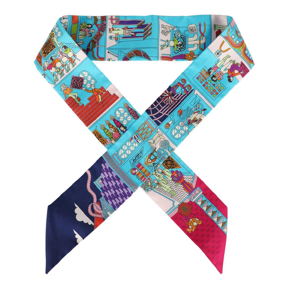 Hermes "La Maison Des Carres" Bleu Azur Marine and Rose Indien Multi Silk Twilly