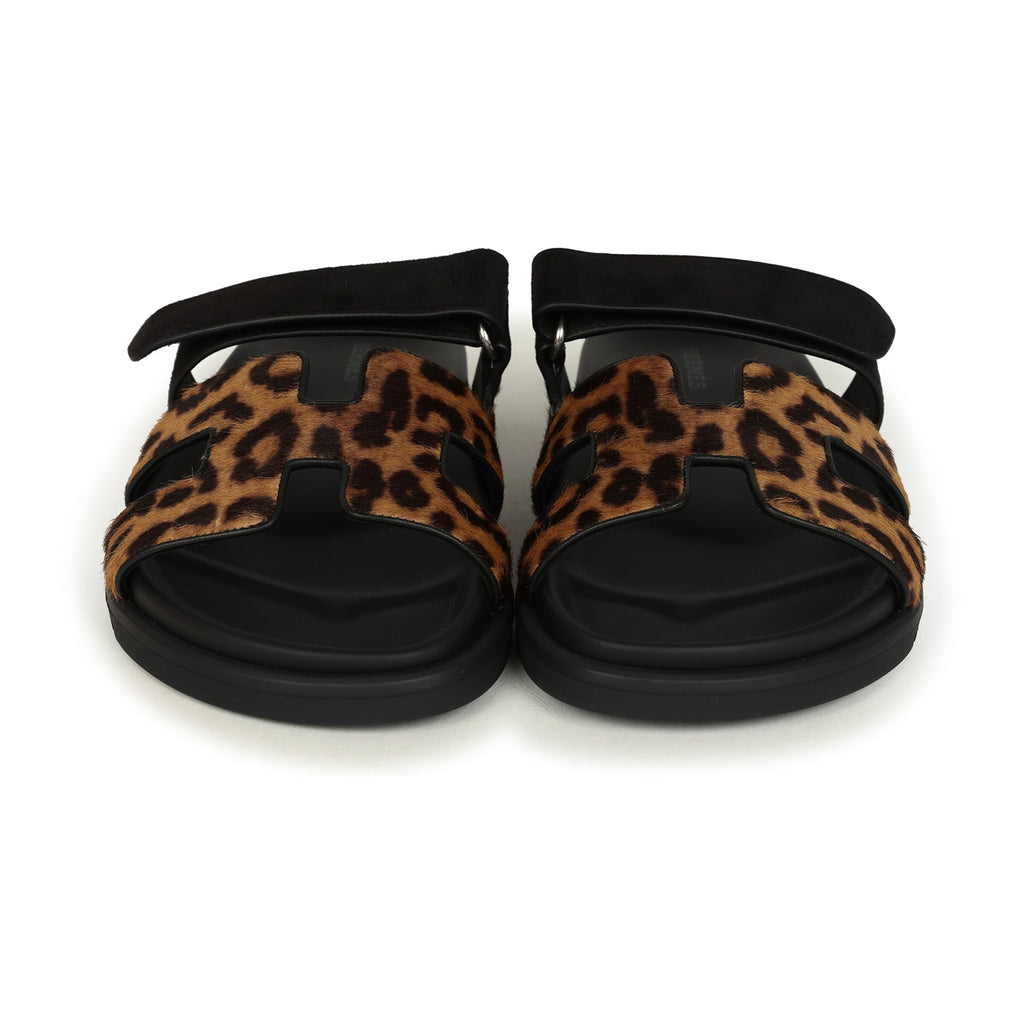 Hermes Leopard Print Chypre Techno Sandals Gold & Black Moire Calfskin & Suede Palladium Hardware 37 EU
