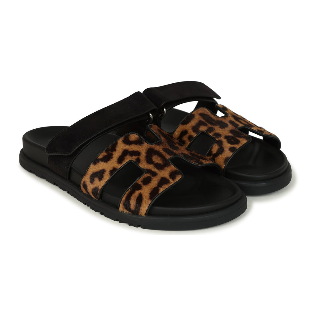Hermes Leopard Print Chypre Techno Sandals Gold & Black Moire Calfskin & Suede Palladium Hardware 37 EU