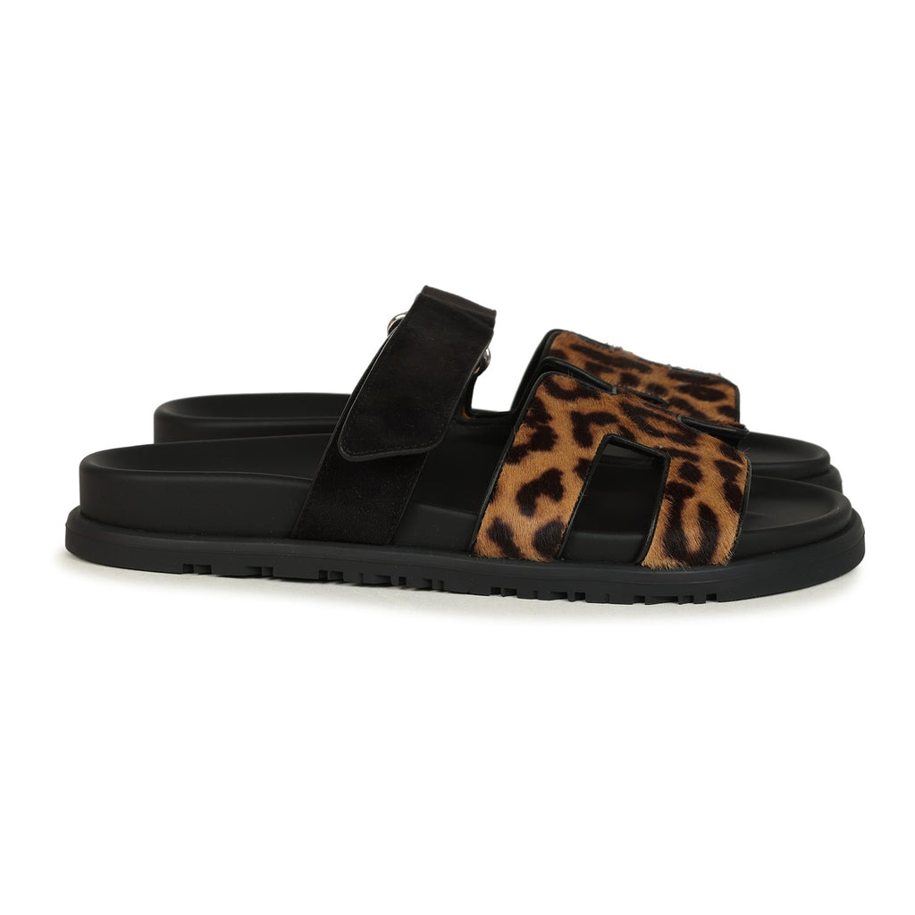 Hermes Leopard Print Chypre Techno Sandals Gold & Black Moire Calfskin & Suede Palladium Hardware 37 EU