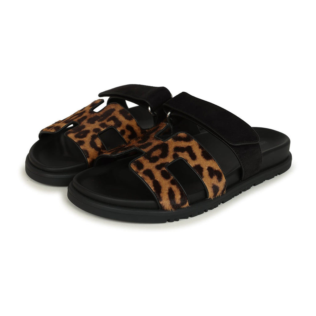 Hermes Leopard Print Chypre Techno Sandals Gold & Black Moire Calfskin & Suede Palladium Hardware 37 EU
