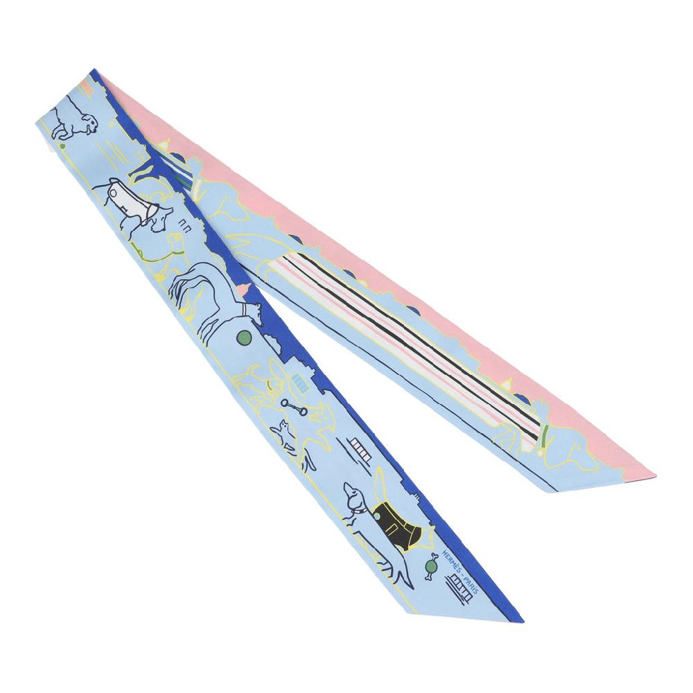 Hermes "Les Chiens Parisiens" Jaune Bleu Ciel And Rose Multi Silk Twilly Pair