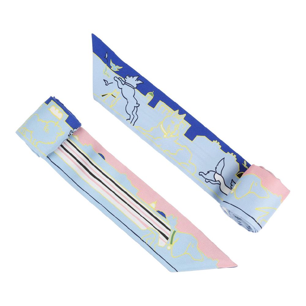 Hermes "Les Chiens Parisiens" Jaune Bleu Ciel And Rose Multi Silk Twilly Pair