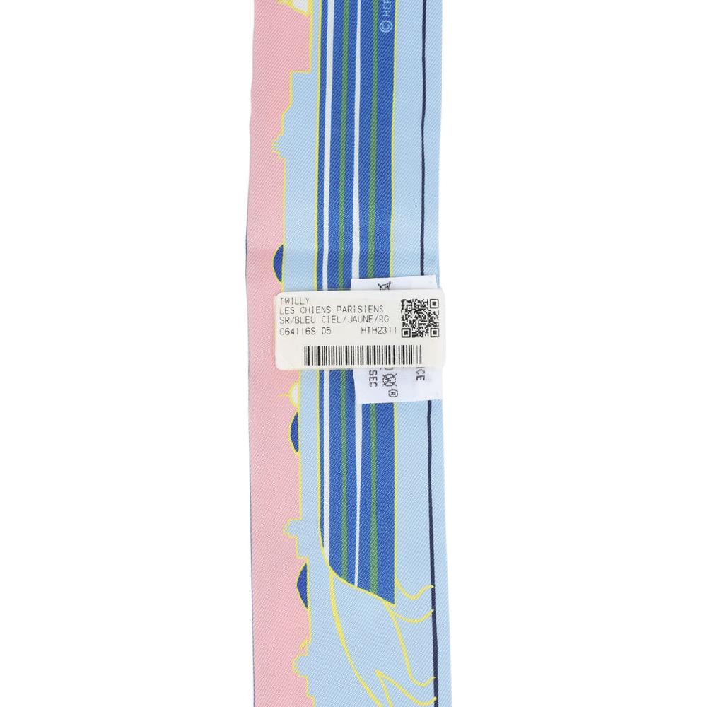 Hermes "Les Chiens Parisiens" Jaune Bleu Ciel And Rose Multi Silk Twilly Pair