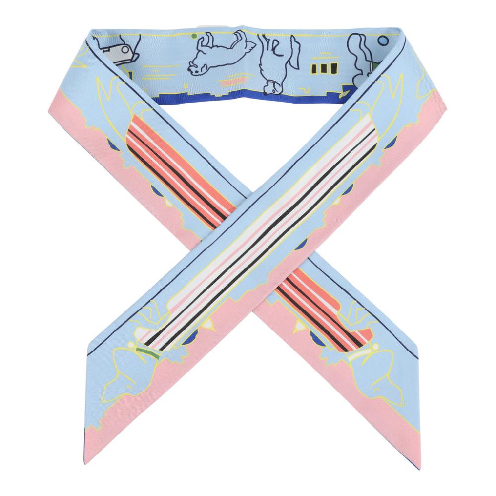 Hermes "Les Chiens Parisiens" Jaune Bleu Ciel and Rose Multi Silk Twilly Pair