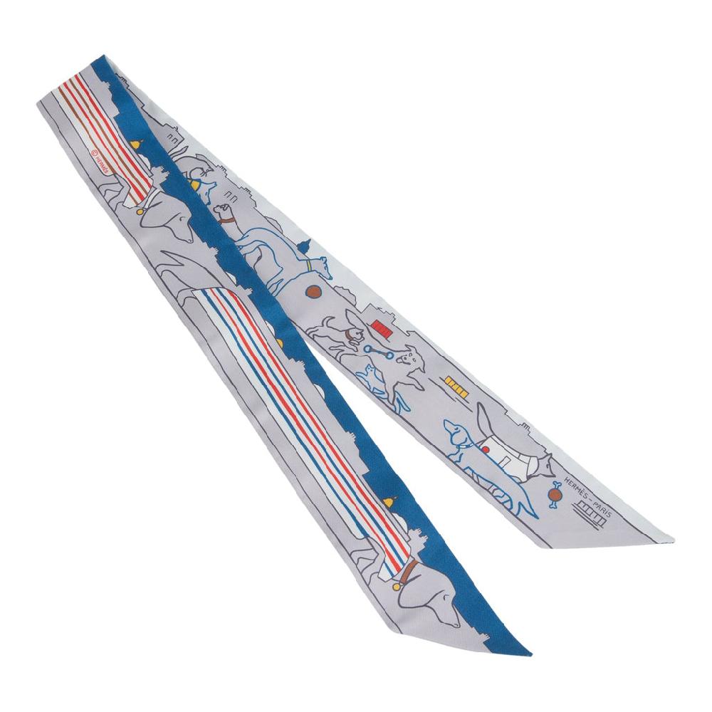 Hermes "Les Chiens Parisiens" Jaune Gris Perle And Bleu Multi Silk Twilly Pair