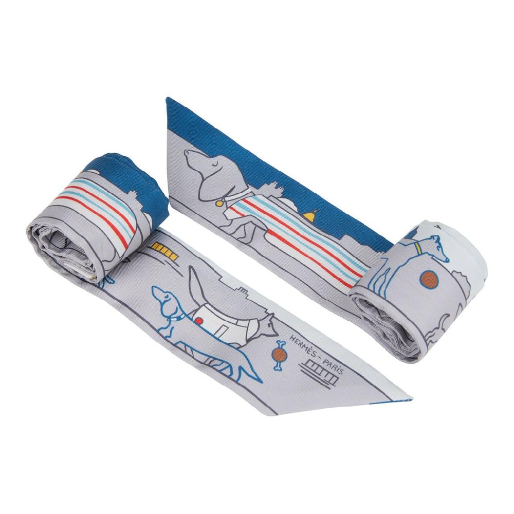 Hermes "Les Chiens Parisiens" Jaune Gris Perle And Bleu Multi Silk Twilly Pair