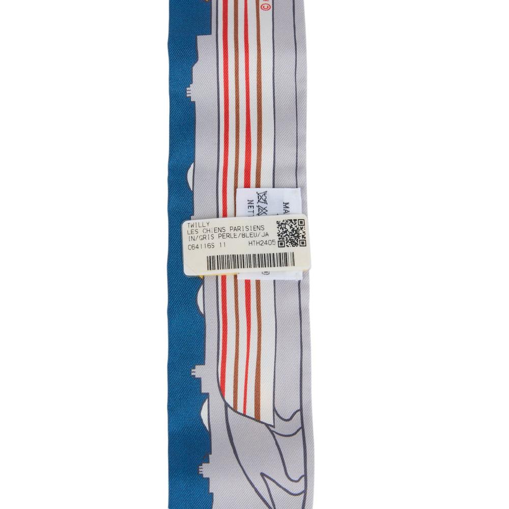 Hermes "Les Chiens Parisiens" Jaune Gris Perle And Bleu Multi Silk Twilly Pair