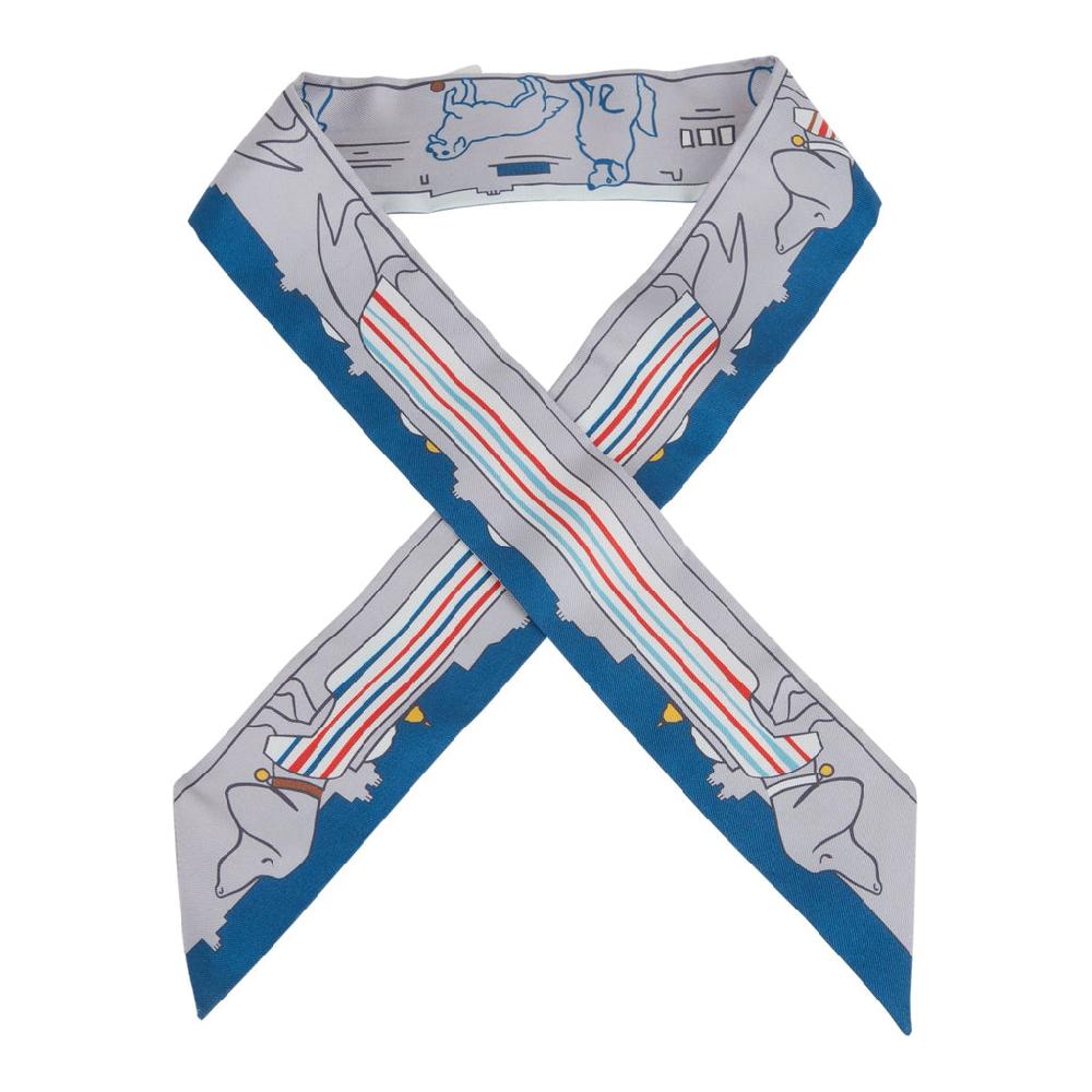 Hermes "Les Chiens Parisiens" Jaune Gris Perle and Bleu Multi Silk Twilly Pair