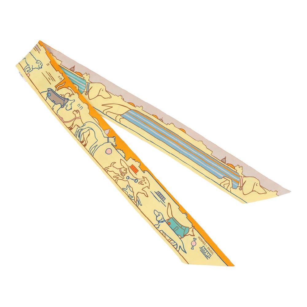 Hermes "Les Chiens Parisiens" Jaune Orange And Vert Multi Silk Twilly