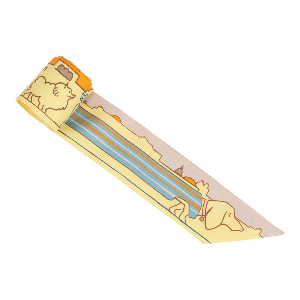 Hermes "Les Chiens Parisiens" Jaune Orange And Vert Multi Silk Twilly