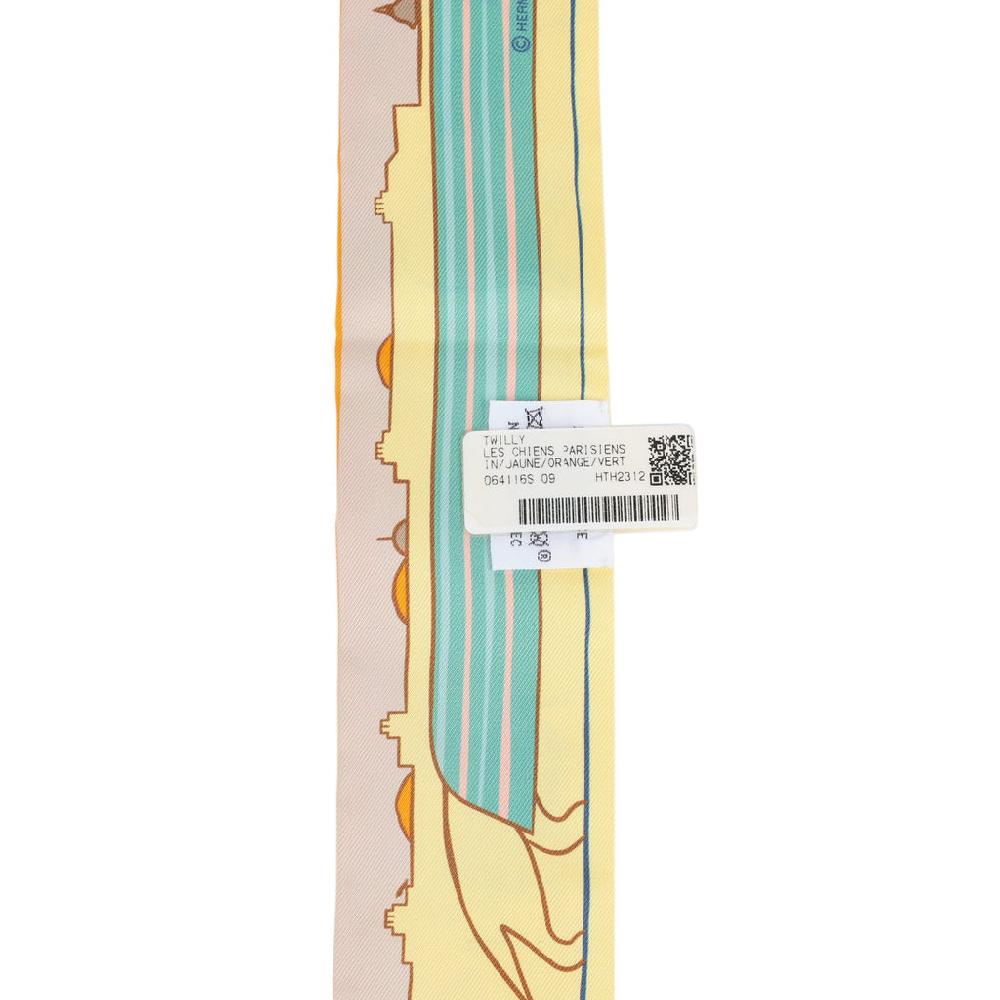 Hermes "Les Chiens Parisiens" Jaune Orange And Vert Multi Silk Twilly