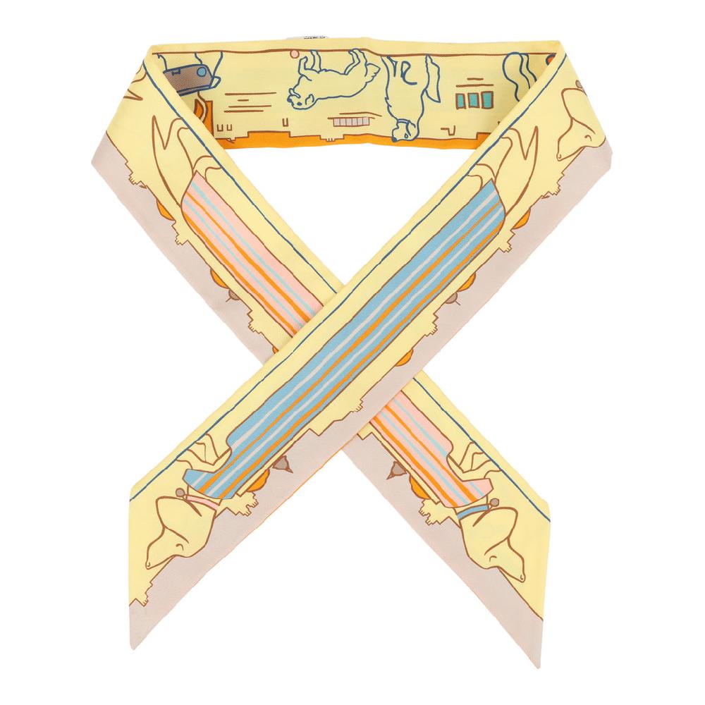 Hermes "Les Chiens Parisiens" Jaune Orange and Vert Multi Silk Twilly