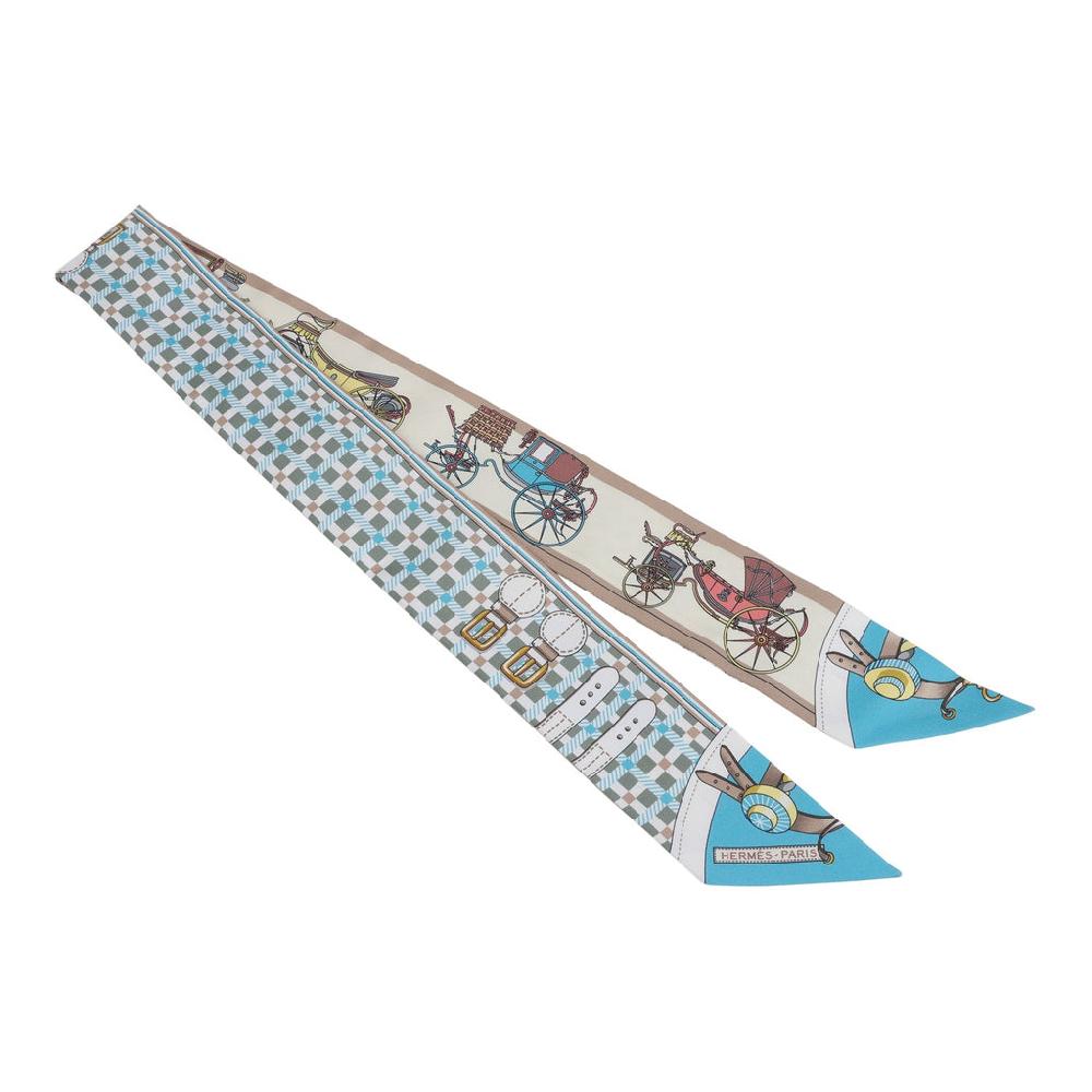 Hermes "Les Voitures Nouvelle" Vert Amande Bleu Glacier And Beige Silk Twilly